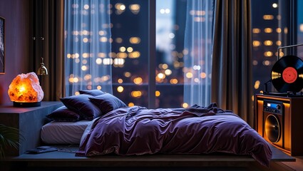 Mood-lit bedroom platform bed with velvet duvet, Himalayan salt lamp glow, vinyl player spinning record, city light bokeh through sheer curtains.