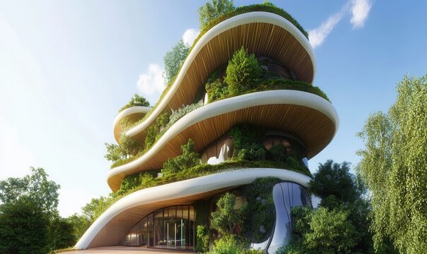 futuristic architecture, organic shapes, biophilic towers, green facades, sustainable vertical living - Powered by Adobe