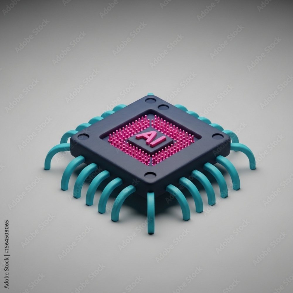 Fototapete isometric view of a stylized computer chip with 'ai' text, rendered in blue and pink on a grey backg
