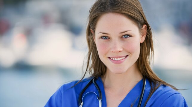 A woman in a blue scrubs is smiling and posing for a picture. She is a nurse and is wearing a stethoscope around her neck