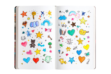 Open Kids’ Notebook with Crayon Doodles and Cartoon Stickers, Isolated on Transparent Background