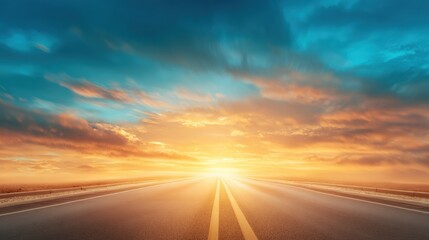 Wide Open Highway Stretching Toward Glowing Sunset Horizon.