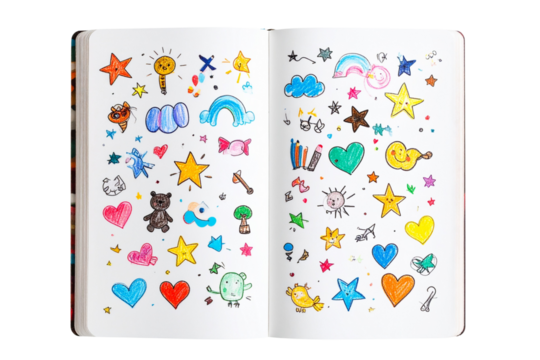 Open Kids’ Notebook with Crayon Doodles and Cartoon Stickers, Isolated on Transparent Background
