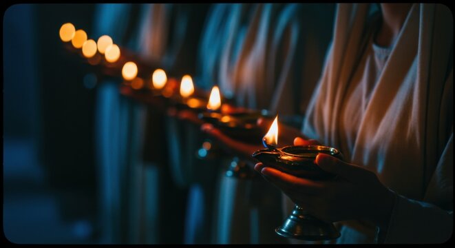 Many women standing and holding a lit oil lamp. Biblical story interpretation of the parable of the ten virgins. Religious christian faith concept.