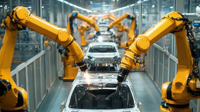Yellow robotic arms welding a car frame in a factory assembly line with sparks flying around it