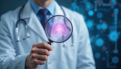 concept of a cancer check.  In order to do a risk assessment and diagnose a condition, the doctor is holding a magnifying glass with an icon of cancer cells to examine the breast, lungs, liver, colon,