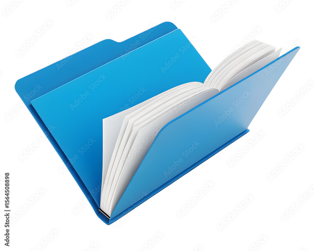 Poster an open blue file folder with papers isolated on transparent background