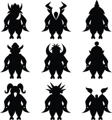 Silhouette Monsters: Fantasy Creature Icons, Cartoon Character Design, Vector Illustration Art