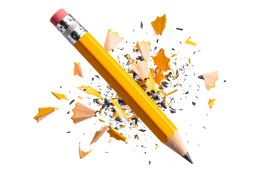 Sharpened Yellow Pencil Breaking in Half Mid-Air, Action Freeze Frame, Isolated on Transparent Background