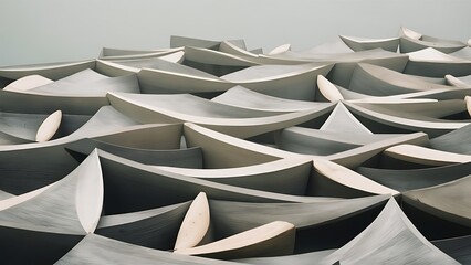 Abstract architectural pattern with curves and angular forms in grey tones creating a wave like
