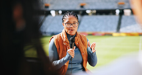 Interview, microphone and sports presenter in stadium for event streaming or live broadcast. News,...