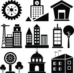 Black and White Cityscape Icons: Buildings, Skyscrapers, Infrastructure, Vector Graphics