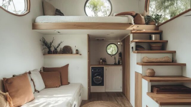 Interior view of a tiny house with a loft bed, stairs, and a compact kitchen area and round windows