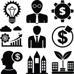Black and White Business Icons: Idea, Finance, Growth, Strategy, and Development Vector Set
