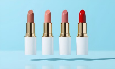 Four lipsticks in a palette of nude and red shades levitating in a row against a bright blue background. A clean, modern product shot for cosmetics, showcasing a colorful makeup palette and lu