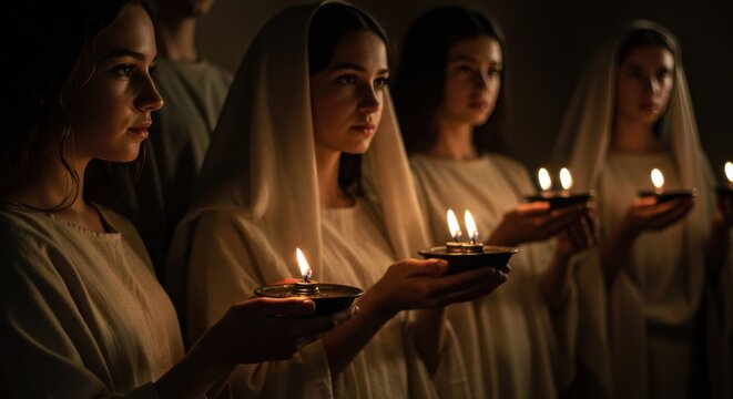 Group of women in ancient clothing holding oil lamps, representing the parable of the ten virgins from the bible, for religious concept.