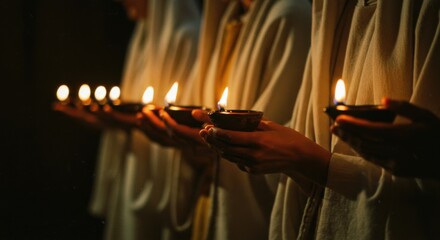 Several people in ancient robes holding oil lamp in hands. Biblical parable of the ten virgins. Religious tradition.