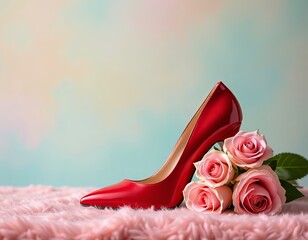 Un zapato de mujer de tacón alto de color rojo con rosas