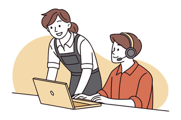 A smiling woman in an apron stands over a man wearing a headset as they both look at a laptop computer together