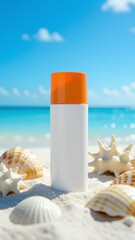 Sunscreen bottle mockup with an orange cap sits on a sunny tropical beach surrounded by seashells. A beautiful turquoise ocean and blue sky provide a blurred background for this skin
