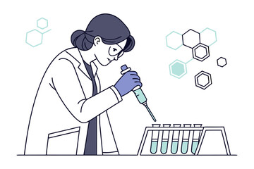 Scientist in lab coat and goggles meticulously conducts experiment with pipette and test tubes surrounded by molecular structures