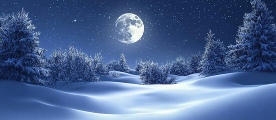 Winter night on the left. Snowy meadow with fir trees at night. Big moon in the sky above the snowy meadow