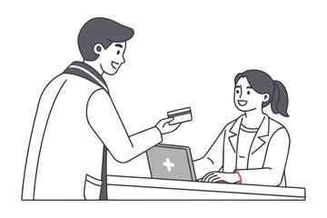 Customer pays with credit card at reception desk with laptop and medical symbol illustrating a transaction