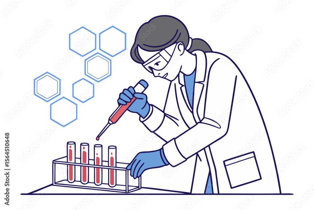 Poster scientist in a lab coat and goggles carefully pipettes red liquid into test tubes with hexagonal str