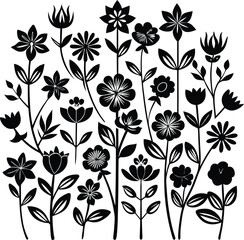 Black and White Floral Vector Art: Decorative Flower Silhouettes, Botanical Illustration Design