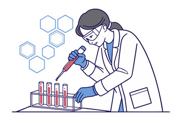 Scientist in a lab coat and goggles carefully pipettes red liquid into test tubes with hexagonal structures in background