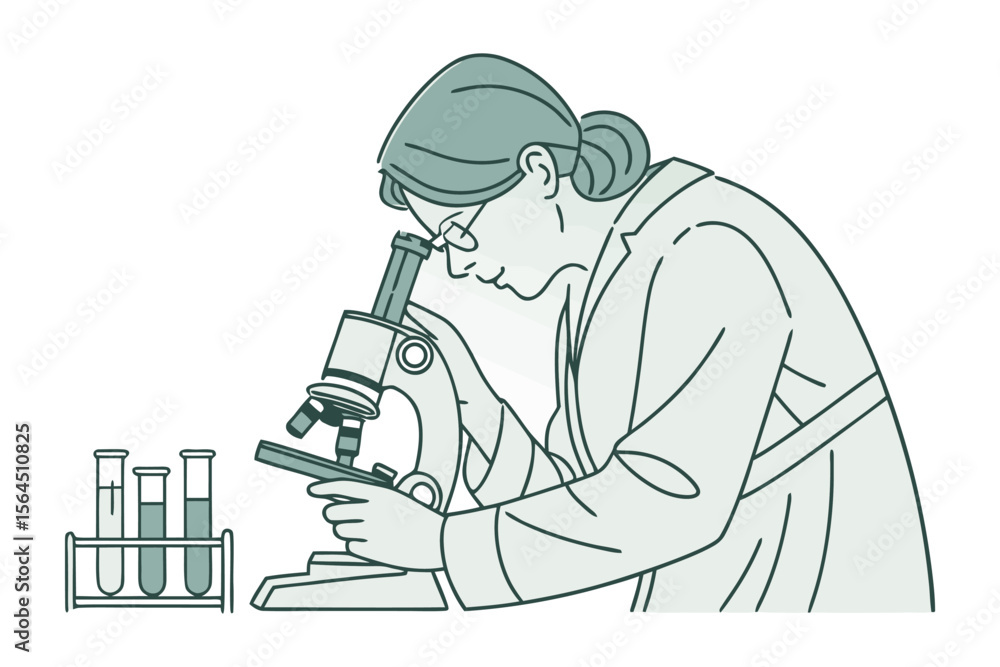 Poster a scientist wearing glasses and a lab coat intently examines a specimen under a microscope with test
