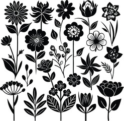 Black and White Floral Vector Art: Botanical Illustration of Flower Silhouettes for Graphic Design