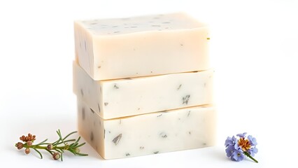 Organic Herbal Soap Bars with Flowers on White Background