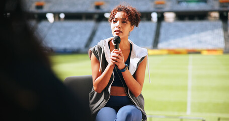 Athlete, mic and woman in interview at stadium for sports broadcast, media question or game update....