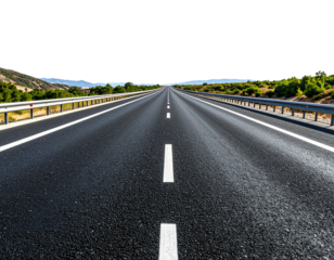 Straight empty highway lane from driver’s perspective with vanishing point, isolated on transparent background PNG