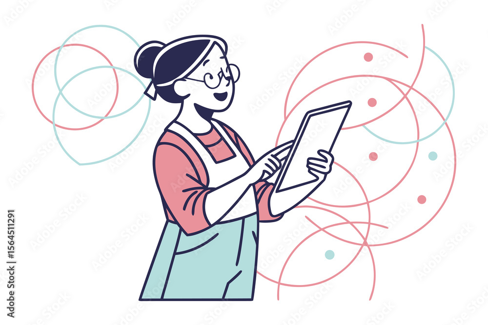 Poster joyful woman wearing glasses and an apron interacts with a tablet surrounded by abstract overlapping