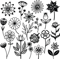 Black and White Flower Clipart: Floral Vector Illustration, Botanical Drawing, Simple Flower Designs