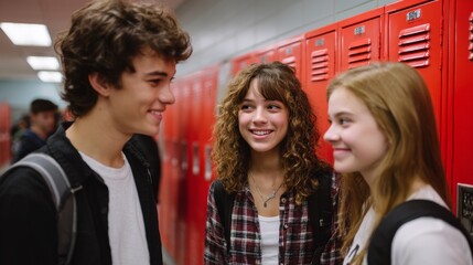 Teen caucasian students engaging in conversation by lockers in school hallway