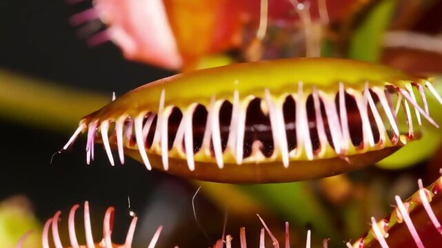 Up Close with a Venus flytrap, a carnivorous plant, showcasing its intricate details