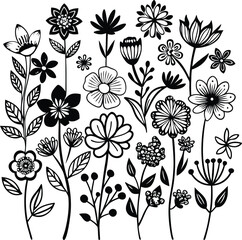 Black and White Floral Vector Art: Hand Drawn Flower Illustration, Botanical Design Elements