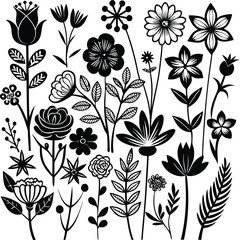 Black and White Floral Vector Art: Botanical Illustration of Flower Silhouettes and Plant Designs