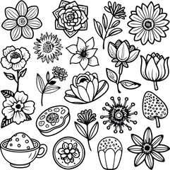 Black and White Flower Line Art Collection: Floral Vector Illustration, Botanical Designs