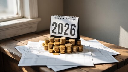 Calendar happy new year 2026 with graph and stack of growth coins. financial annual plan for save money, Budget, tax, investment, financial, savings, and New Year Resolution retirement concept