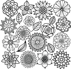 Floral Line Art: Collection of Hand-Drawn Flowers, Botanical Illustration, Coloring Page, Black and White Design