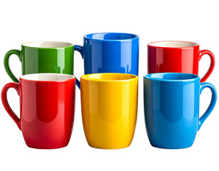 A horizontal row of ceramic mugs in various vibrant colors including red, blue,  yello