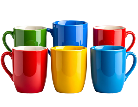 A horizontal row of ceramic mugs in various vibrant colors including red, blue,  yello