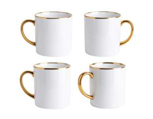  Colorful ceramic coffee mugs arranged in a row, isolated on transparent background PNG