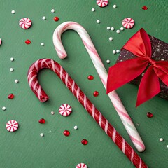 two red and white striped candy canes with candy and a bow laying flat on a green festive background with copy space image 