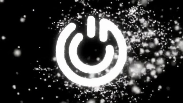 Glowing power button symbol disintegrating into particles on black background.