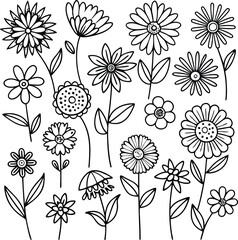 Black and White Flower Doodle Collection: Hand-Drawn Floral Vector Illustration Set